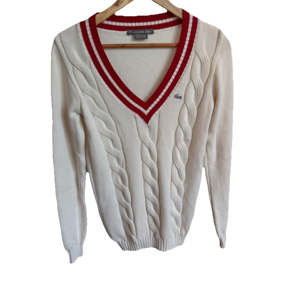 Lacoste Cream Cable Knit Crew Preppy School Sweater Crocodile Sz 38 Women 8-10